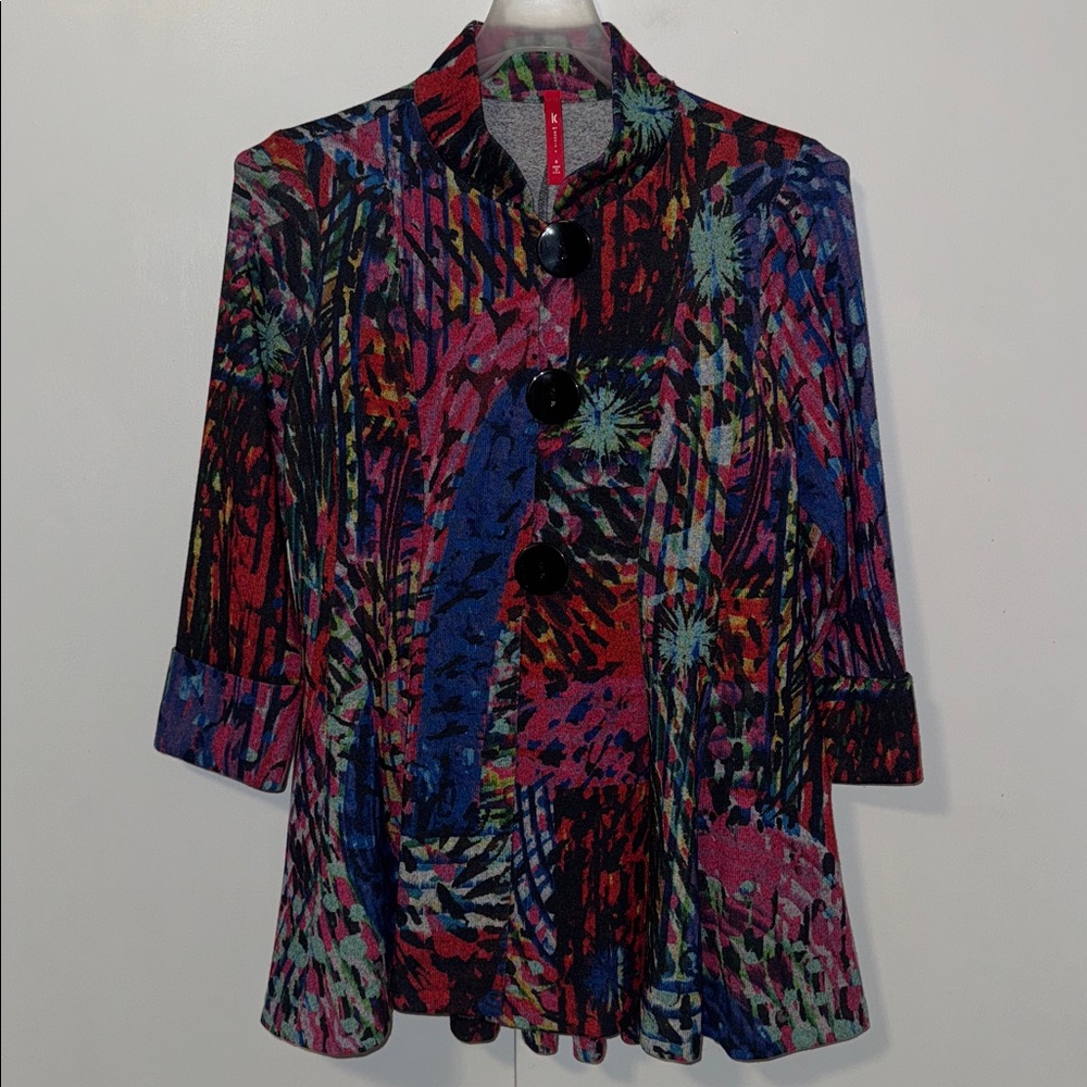 IC By Connie K Knit Jacket Colorful Abstract Design Black Pink Women’s S Small